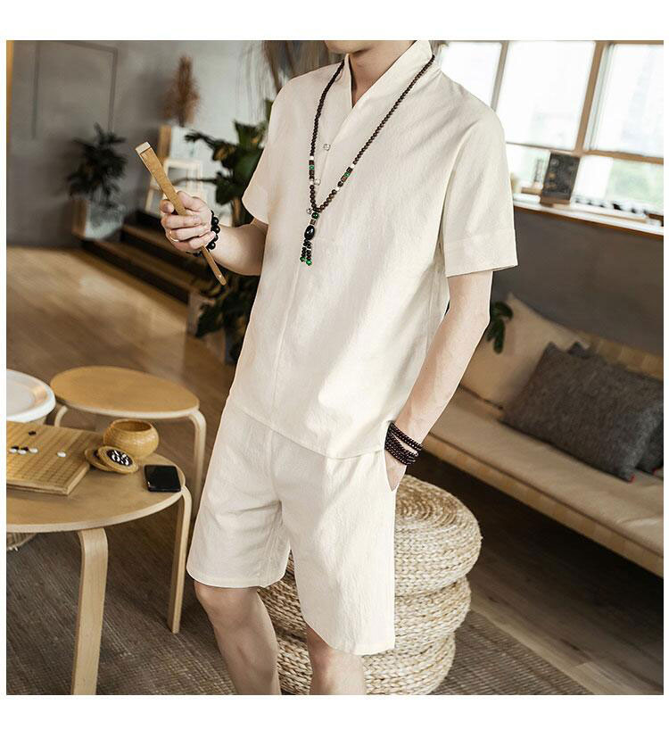 Trung quốc phong cách nút T-Shirt ngắn tay phù hợp với thiền phù hợp với bông linen linen mỏng phong cách Trung Quốc phong cách cổ xưa Tang phù hợp với nam giới quần áo