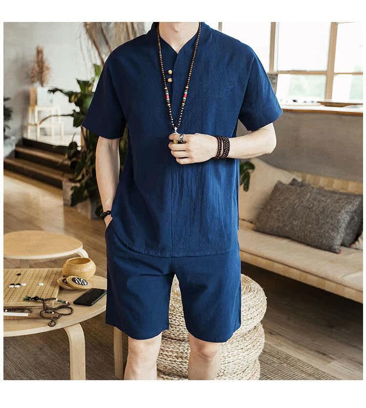 Trung quốc phong cách nút T-Shirt ngắn tay phù hợp với thiền phù hợp với bông linen linen mỏng phong cách Trung Quốc phong cách cổ xưa Tang phù hợp với nam giới quần áo