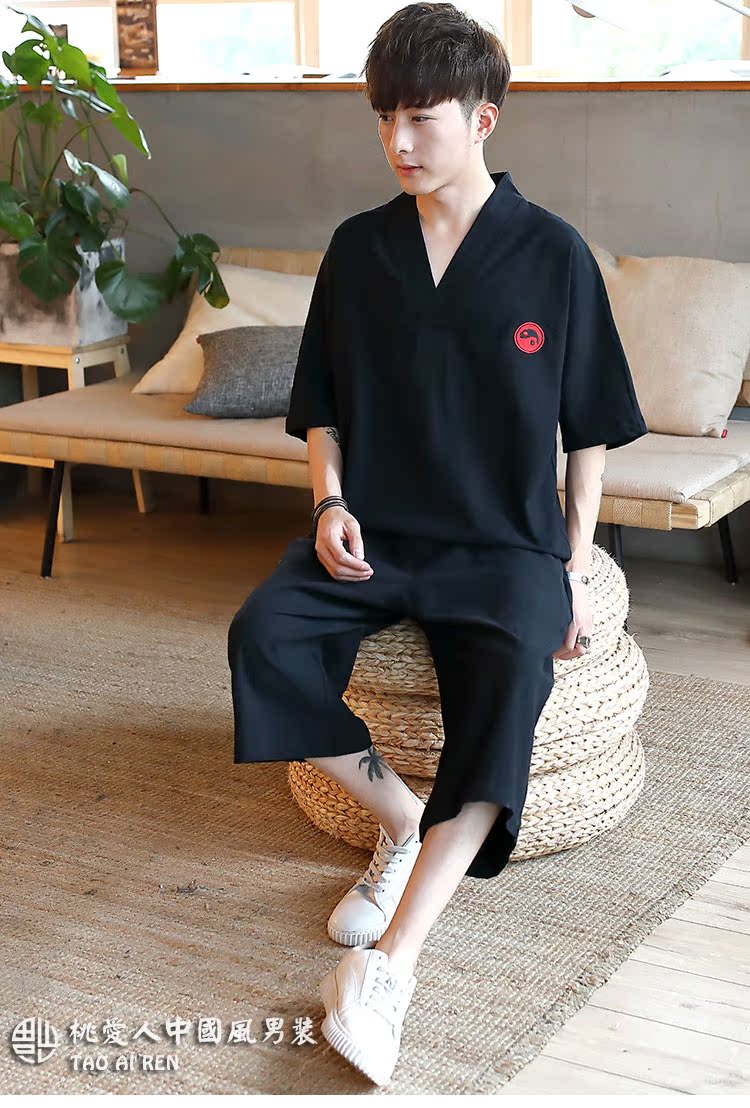 Trung quốc phong cách nút T-Shirt ngắn tay phù hợp với thiền phù hợp với bông linen linen mỏng phong cách Trung Quốc phong cách cổ xưa Tang phù hợp với nam giới quần áo