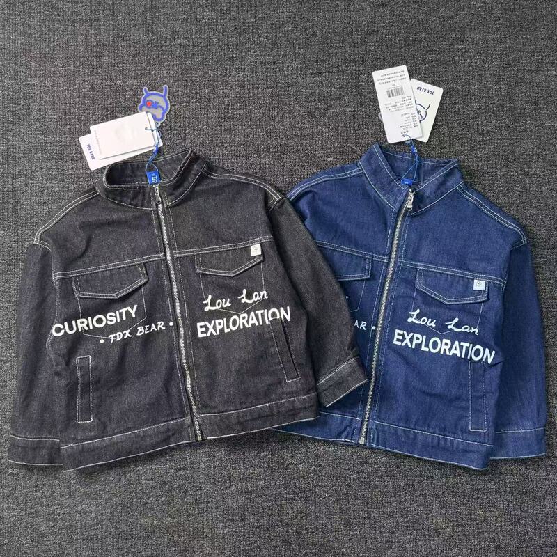 Teddy Bear Brand Boys' and Girls' Spring and Autumn Stand-Up Collar Zip-Up Denim Jacket, Children's Casual Top, Big Kids' Jacket