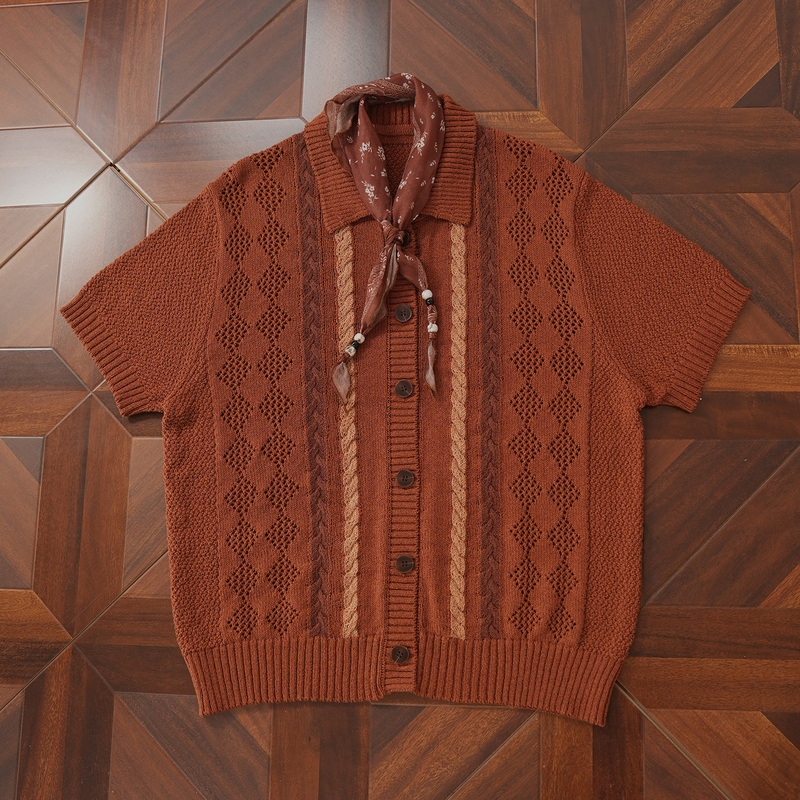 Kblc Ocher-Colored Vintage Cable-Knit Diamond Pattern Jacquard Lapel Micro-Profile Knit Cardigan Short-Sleeve Casual Shirt