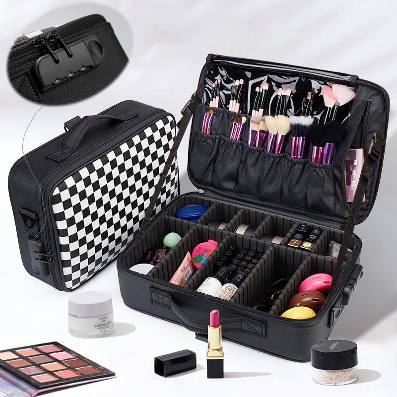 Professional plaid retro color makeup artist with makeup beauty chia grain embroidered single shoulder waterproof portable cosmetic containing makeup bag