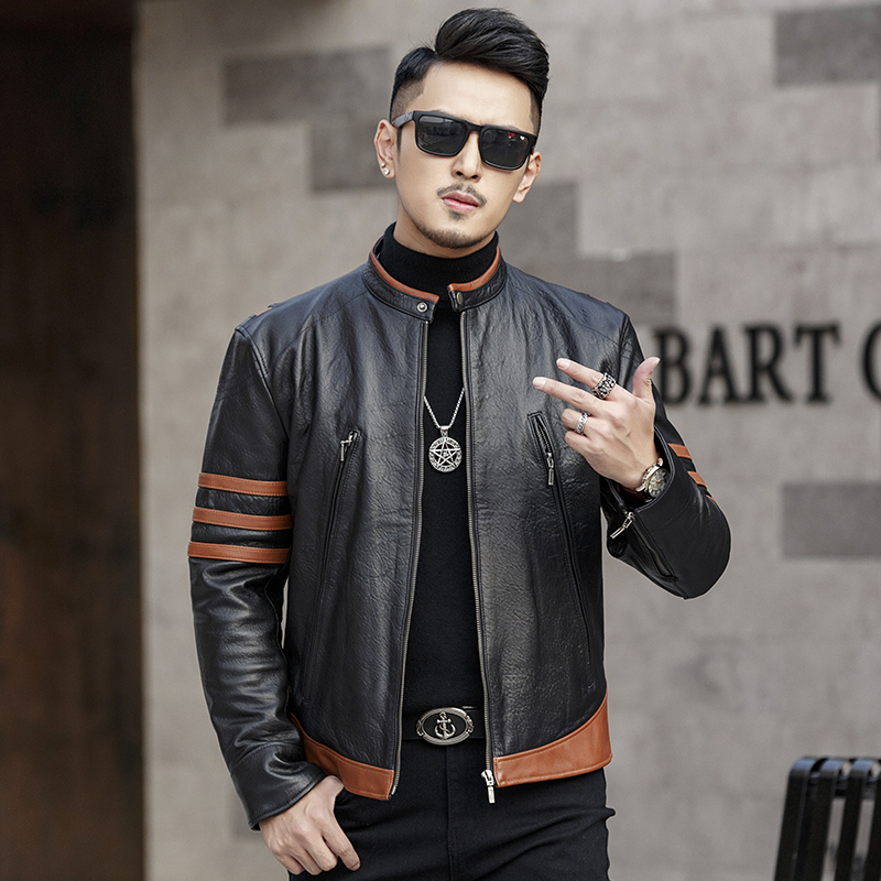 Tough Guy Stylish Genuine Leather Jacket Men's Short Slim Fit Stand Collar Sheepskin Motorcycle Leather Jacket Wolverine Style Coat