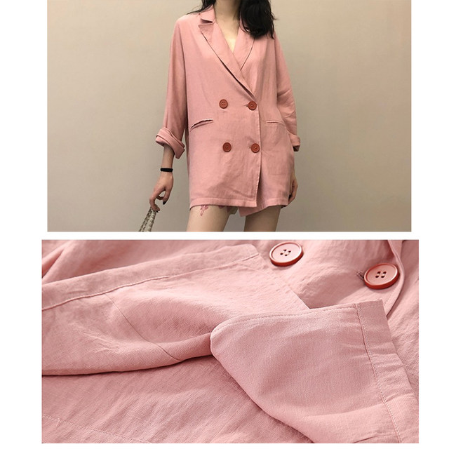 Nude pink coat suit Internet celebrity spring thin casual mid-length lazy retro loose cotton and linen suit jacket for women