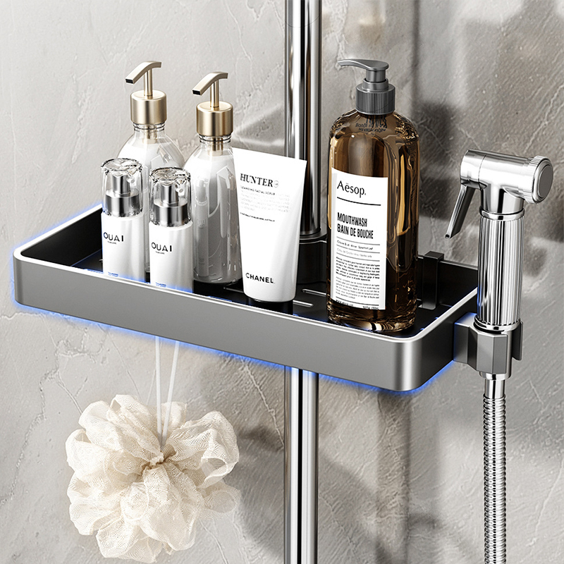 Adjustable Shower Rod Storage Rack on the Bathroom Shower Rod, Integrated Shower Rod Tray, No Drilling Required