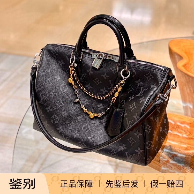 In Transit/Louis Vuitton Lv Speedy 30 Soft New Model 25 Black Monogram All-Over Print Shoulder Tote Bag