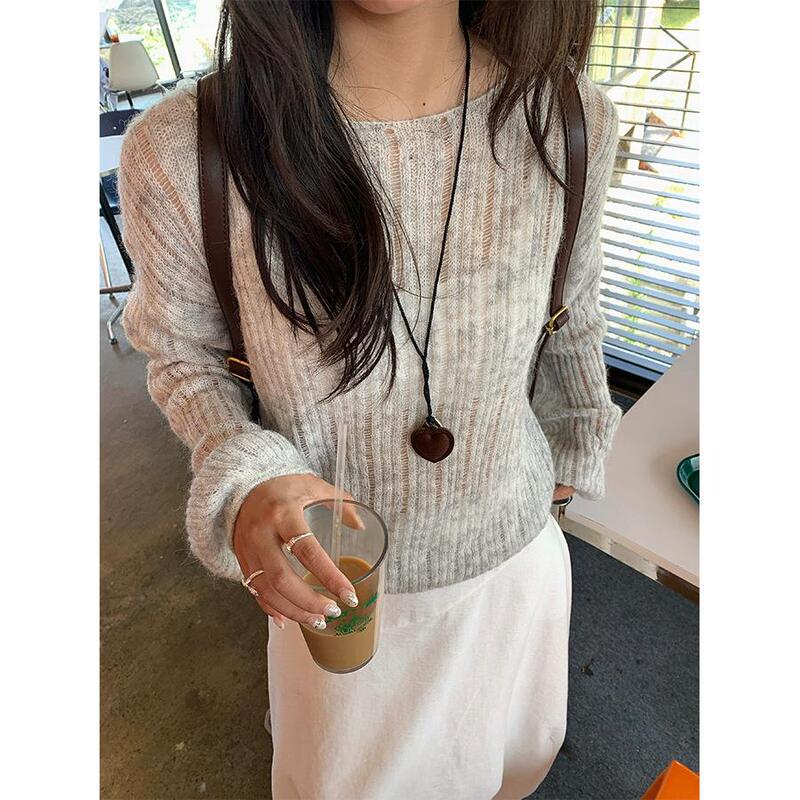 Ins Autumn Korean Style Lazy Outfit Hollow-Out Sun Protection Cover-Up for Women, Loose Knit Sweater Top with Round Neck, Thin Style Ins Autumn Korean Style Lazy Outfit Hollow-Out Sun Protection Cover-Up for Women, Loose Knit Sweater Top with Round Neck, Thin Style