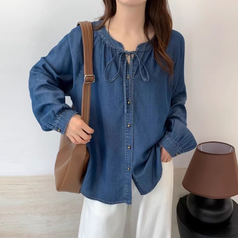 New Autumn French Retro Style Lace-Up V-Neck Tencel Denim Shirt, Fashionable Versatile Long-Sleeve Blouse for Women New Autumn French Retro Style Lace-Up V-Neck Tencel Denim Shirt, Fashionable Versatile Long-Sleeve Blouse for Women