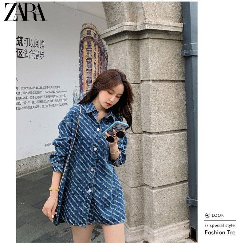 ins Blue Loose-Fitting Denim Shirt Women's Jacket Letter Print Shirt Korean Design Niche Versatile Top ins Blue Loose-Fitting Denim Shirt Women's Jacket Letter Print Shirt Korean Design Niche Versatile Top