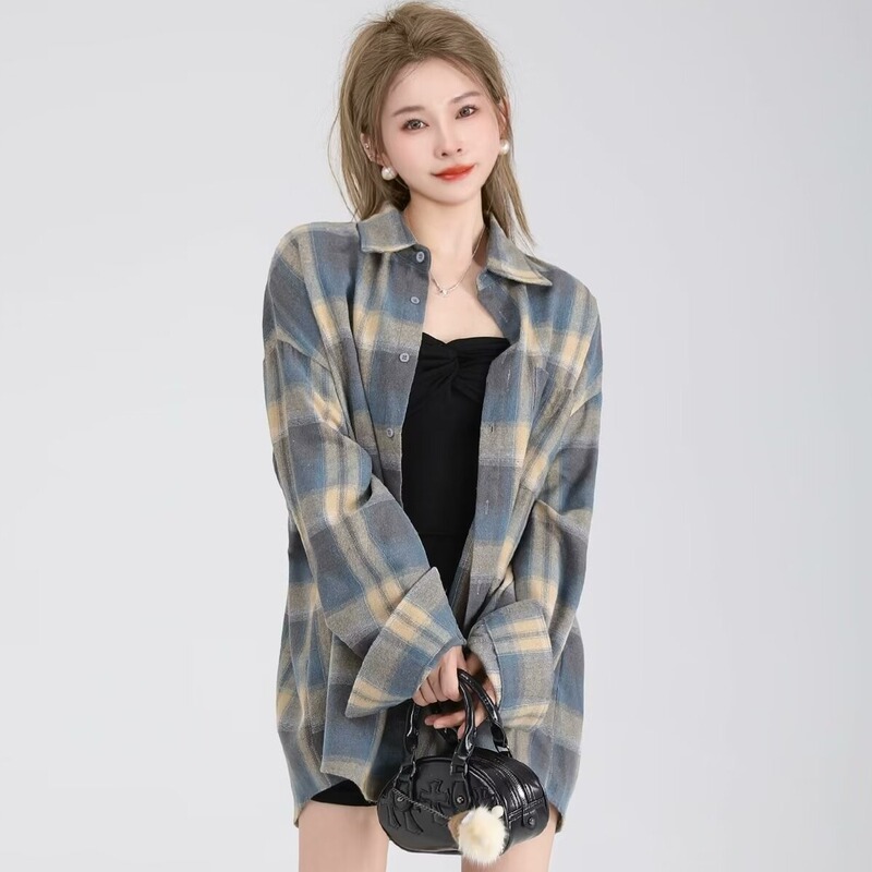 Cut Label ins High-End Niche Long-Sleeved Shirt for Women, Autumn Vintage Plaid Shirt Jacket, Loose Casual Top