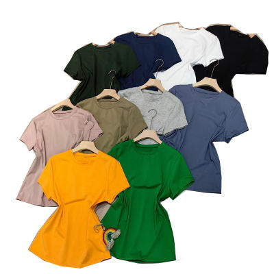 Pure surplus stock, simple solid color round-neck short-sleeved T-shirt for women, new summer imported cotton casual and versatile base layer top