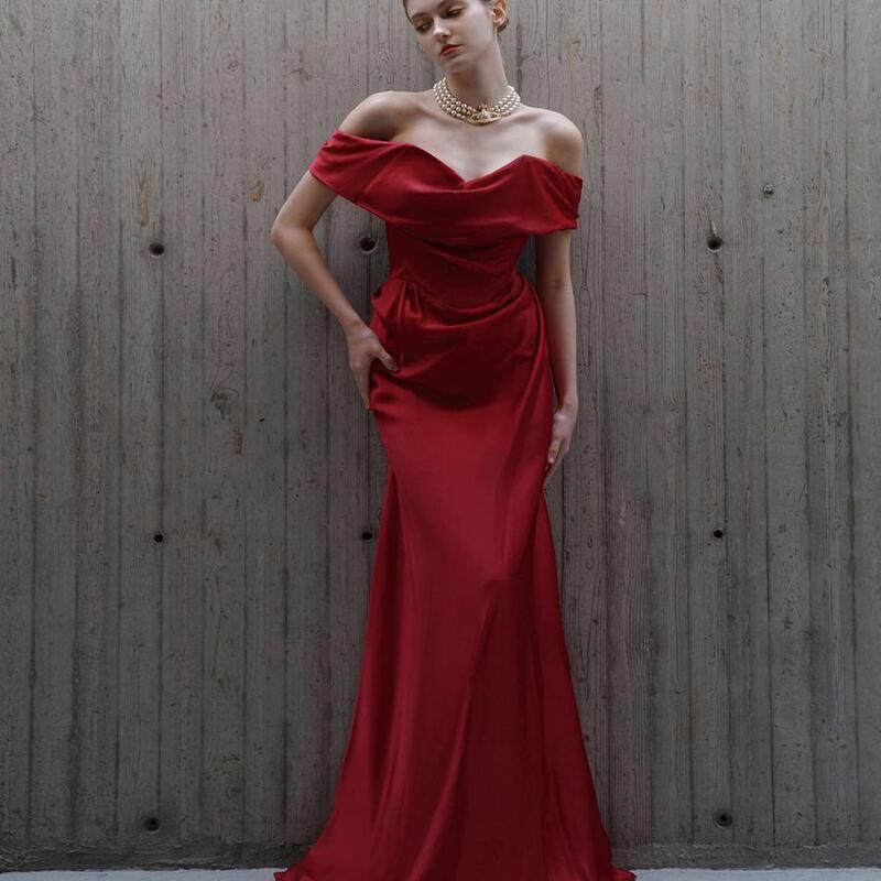 Alice Acetate Satin Toast Dress Bride Banquet Western Style Simple Design Plus Size Slimming Red Evening Dress for Women
