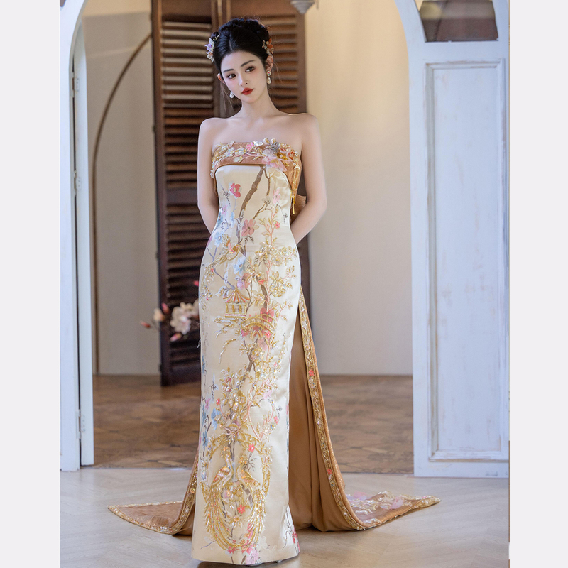 Alice New Chinese Style Strapless Mermaid Toasting Dress 2026 New Heavy Embroidery High-End Bridal Wedding Evening Gown