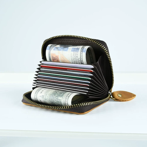 Ретро кожаный бумажник с молнией, вместительный и большой орган, картхолдер, из натуральной кожи