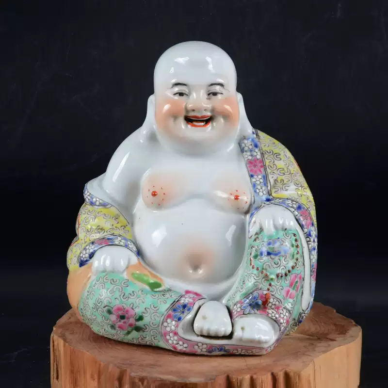 民國魏洪泰款手繪粉彩彌勒佛迷你羅漢景德鎮廠貨仿古瓷器收藏精品