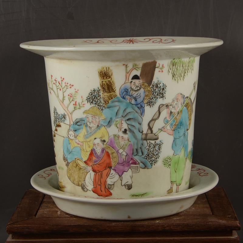 Late Qingmin Kiln Hand-painted Pink Fishing and Cultivation Read Round with Integrated Flower Pot Jingdezhen factory goods Ceramics Boutique