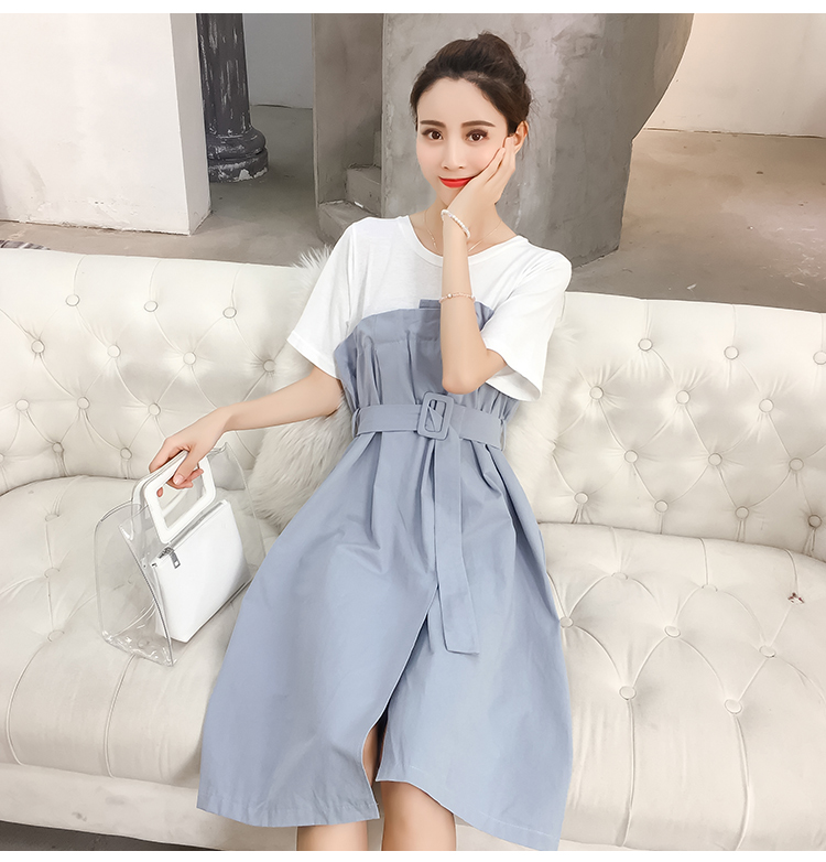 VK旗艦店 韓國學院風腰帶拼色假兩件長版系帶短袖洋裝