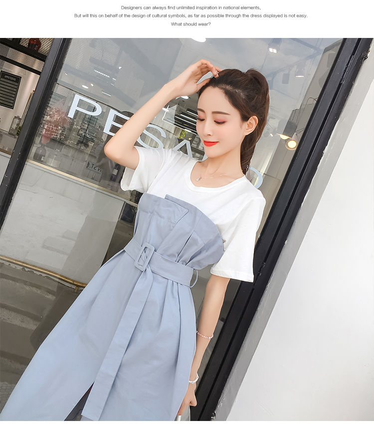 VK旗艦店 韓國學院風腰帶拼色假兩件長版系帶短袖洋裝