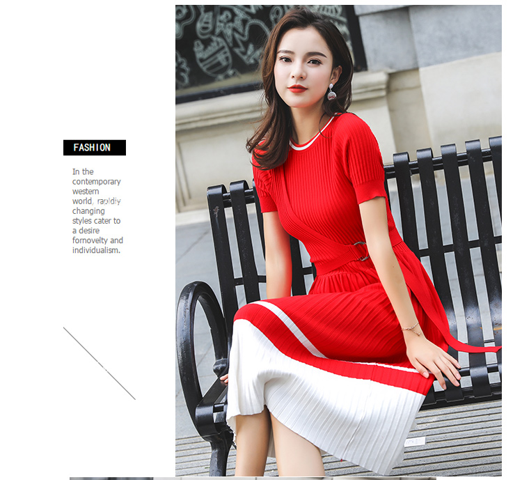 VK旗艦店 韓國風名媛拼色短袖收腰百褶針織短袖洋裝
