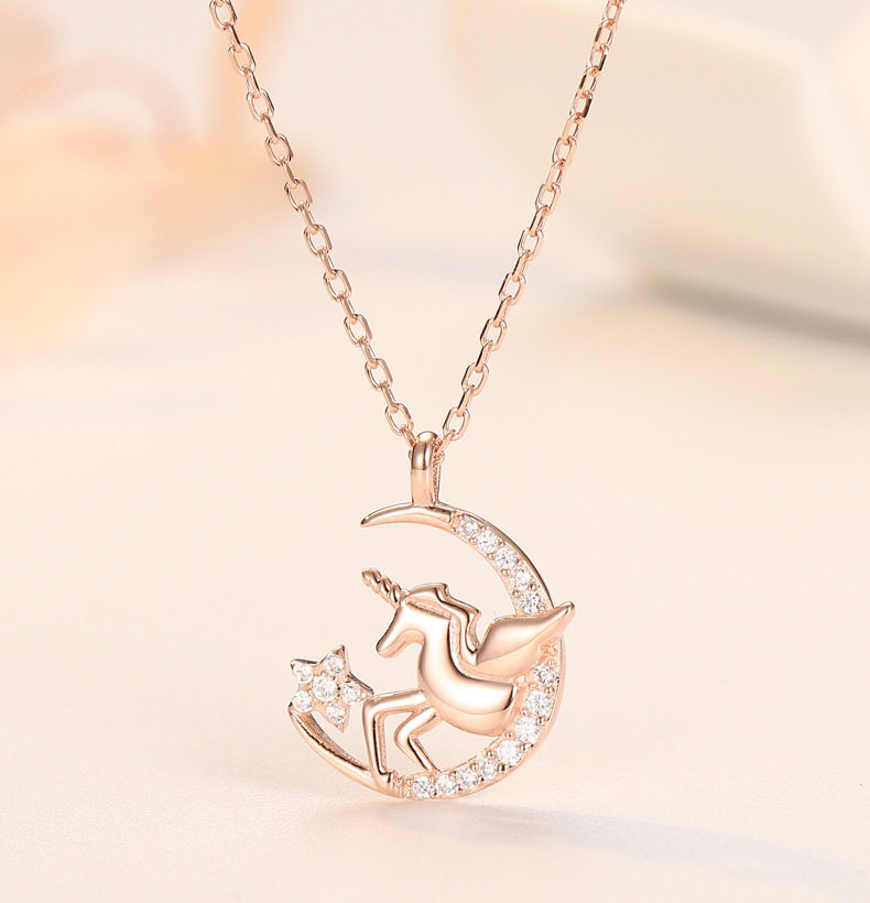 s925 pure silver unicorn Tears Star Moon Necklace Lady Han Prints wind minimalist Temperament Locks Bone Chain Ornaments