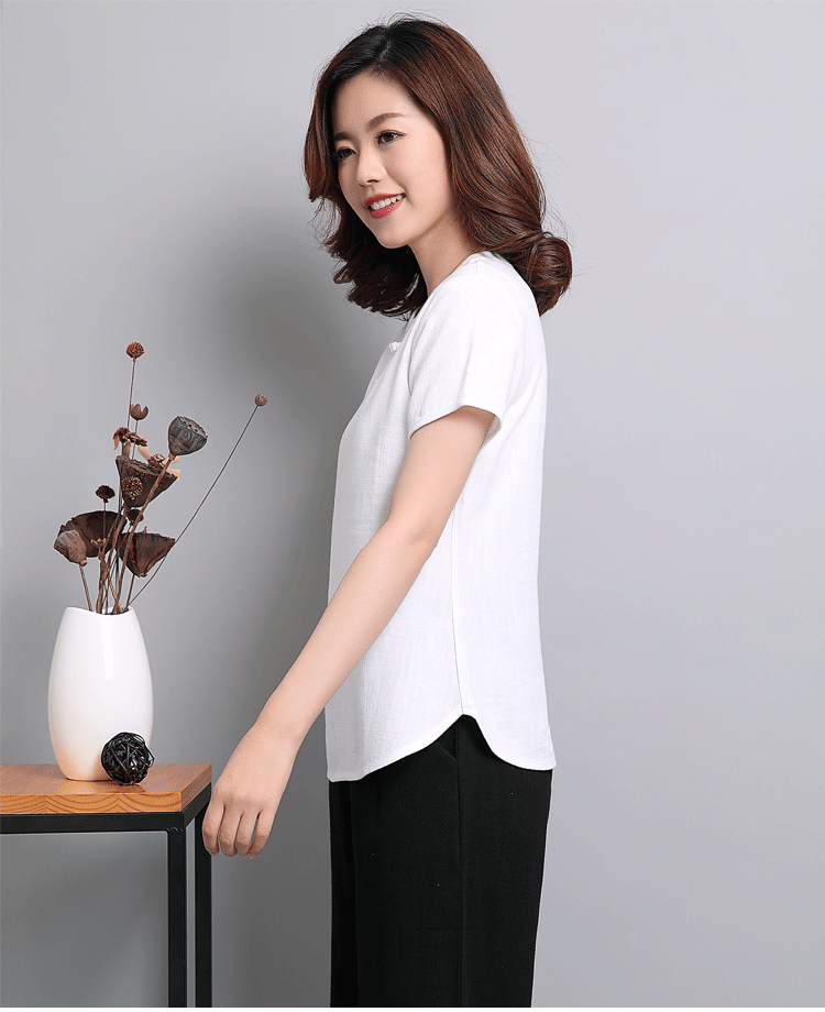 Áo cotton và vải lanh cho nữ Áo ngắn tay mùa hè của mẹ mới Áo phông đơn giản có khóa rộng - Áo phông áo phông đôi cho bạn thân nữ