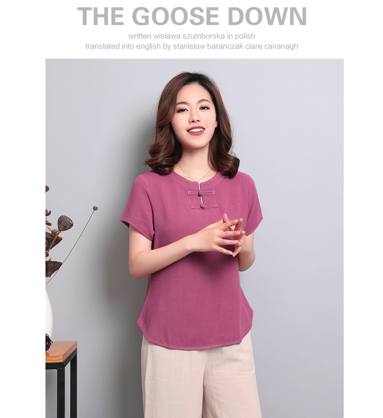 Áo cotton và vải lanh cho nữ Áo ngắn tay mùa hè của mẹ mới Áo phông đơn giản có khóa rộng - Áo phông áo phông đôi cho bạn thân nữ