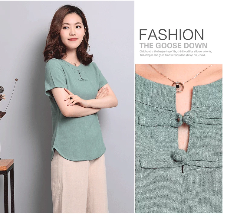 Áo cotton và vải lanh cho nữ Áo ngắn tay mùa hè của mẹ mới Áo phông đơn giản có khóa rộng - Áo phông áo phông cao cấp