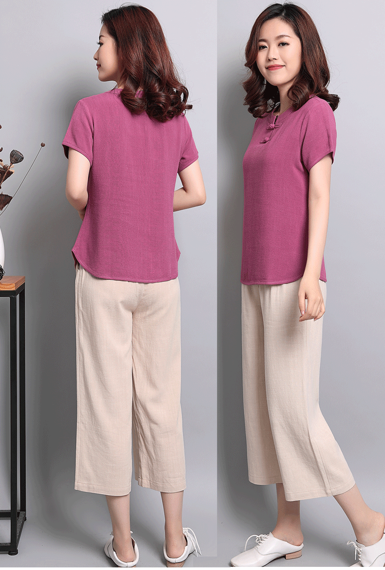 Áo cotton và vải lanh cho nữ Áo ngắn tay mùa hè của mẹ mới Áo phông đơn giản có khóa rộng - Áo phông áo phông đôi cho bạn thân nữ