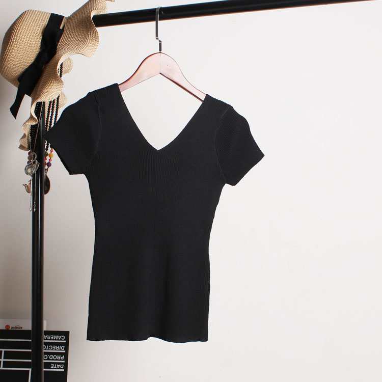 Mùa hè mỏng băng lụa áo len đôi V-Cổ lại mỏng Slim mỏng đáy áo ngắn tay của phụ nữ T-Shirt màu rắn áo sơ mi ngắn ao len nu