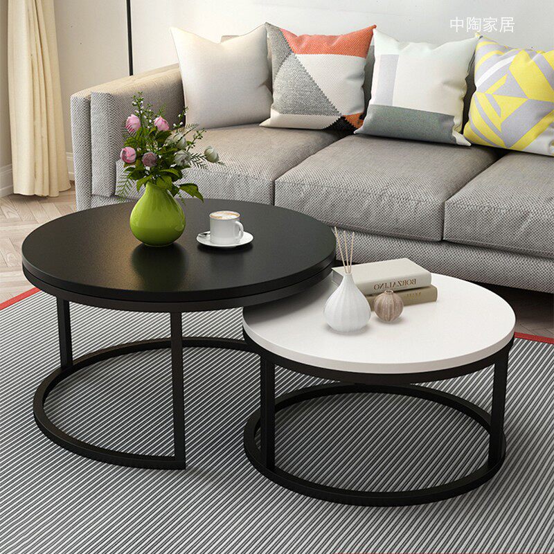 Round coffee table black and white steel frame economical rental apartment telescopic plate small apartment tea table net red tea table