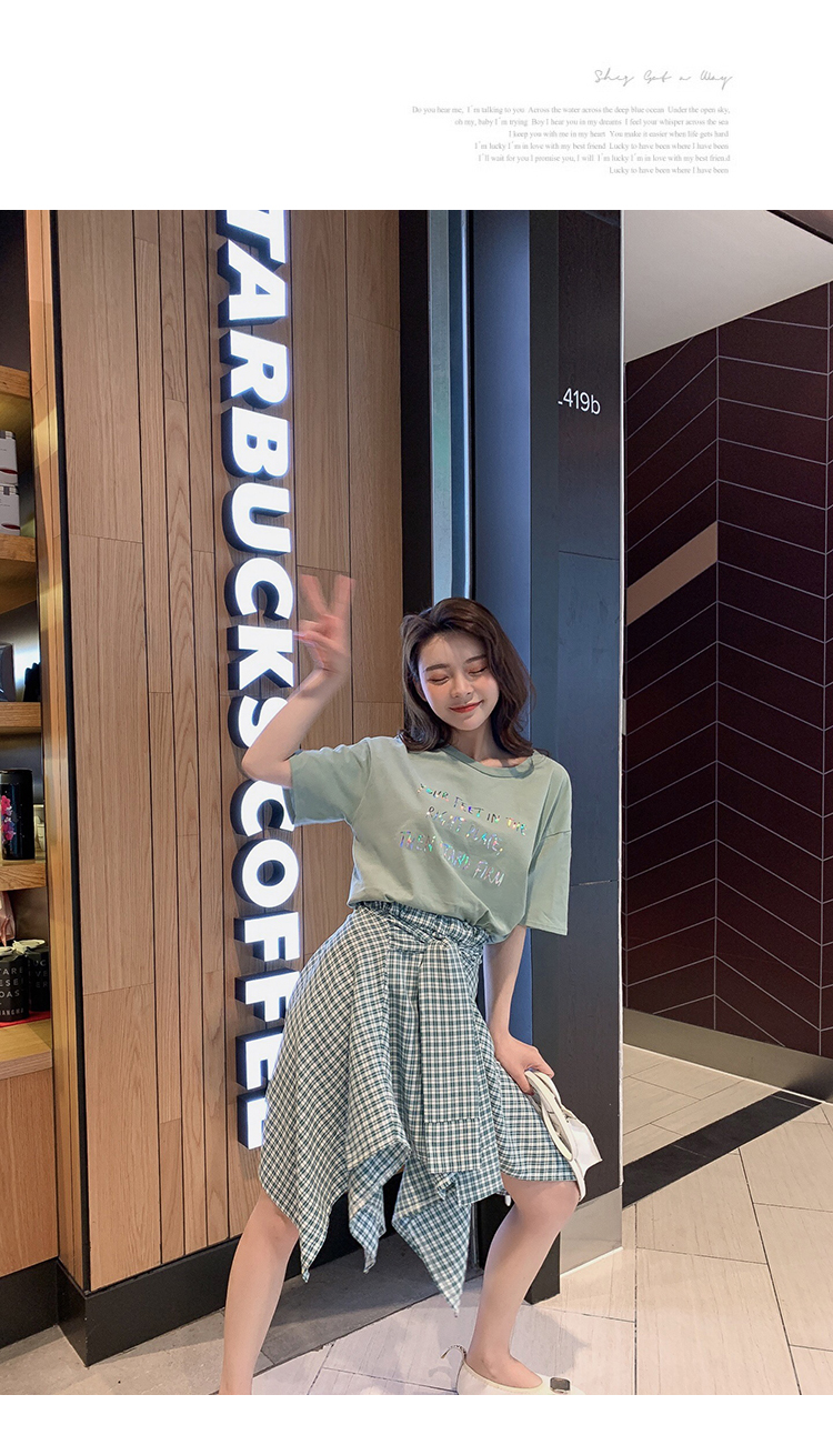 VK旗艦店 韓系字母T恤格子不規則半身裙套裝短袖裙裝