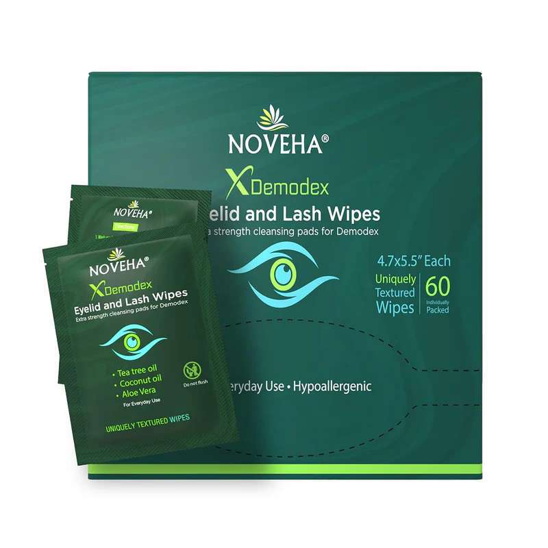In-Stock American Noveha Demodex Super Strong Eyelid and Eyelash Mite Removal Wipes Containing Tea Tree Oil, 60 Pieces