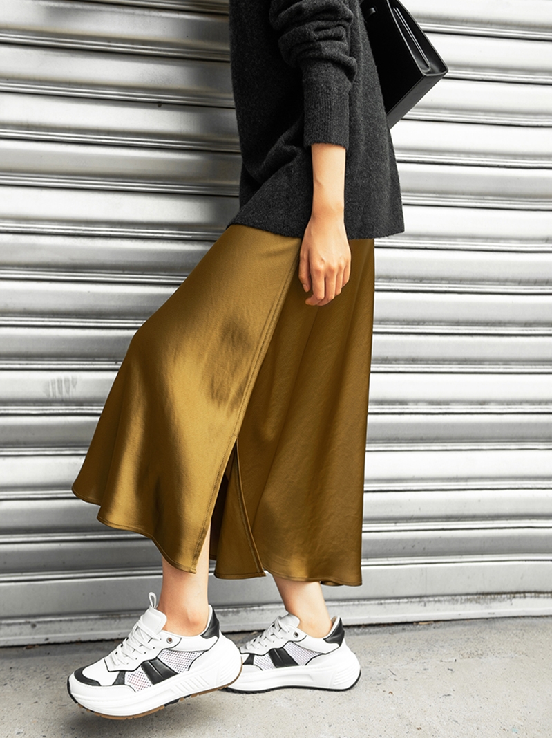 Flowing beauty Heavy strong twist satin acetate elastic waist women's bifurcated commuter skirt New American warehouse limited