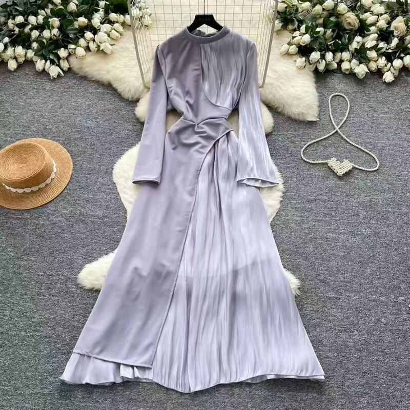 Lantern Sleeve Stand Collar Dress for Women, Ethnic Style, Light Purple, Lace-Up Waist, Slimming and Elegant Long Dress Le307 Lantern Sleeve Stand Collar Dress for Women, Ethnic Style, Light Purple, Lace-Up Waist, Slimming and Elegant Long Dress Le307