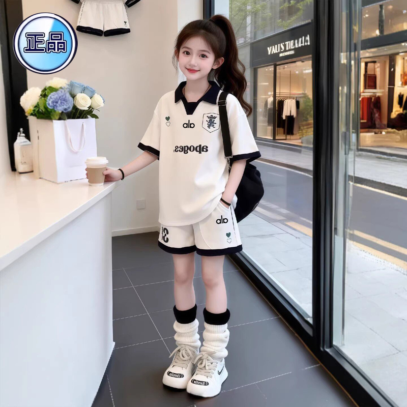 Outlet Boutique Girls' Academy Style Color-Block Polo Shirt and Shorts Two-Piece Summer Loose Sports Set