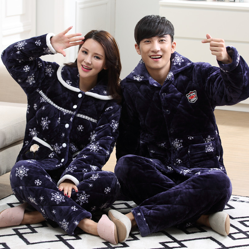 Bộ đồ ngủ dày ba lớp dày đôi phù hợp với nam và nữ cộng với quần áo cotton ấm áp tại nhà quần nhung dài tay áo ngủ cotton đồ bộ pijama
