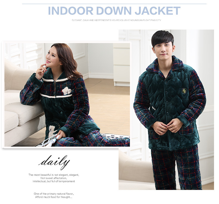 Bộ đồ ngủ dày ba lớp dày đôi phù hợp với nam và nữ cộng với quần áo cotton ấm áp tại nhà quần nhung dài tay áo ngủ cotton đồ bộ pijama