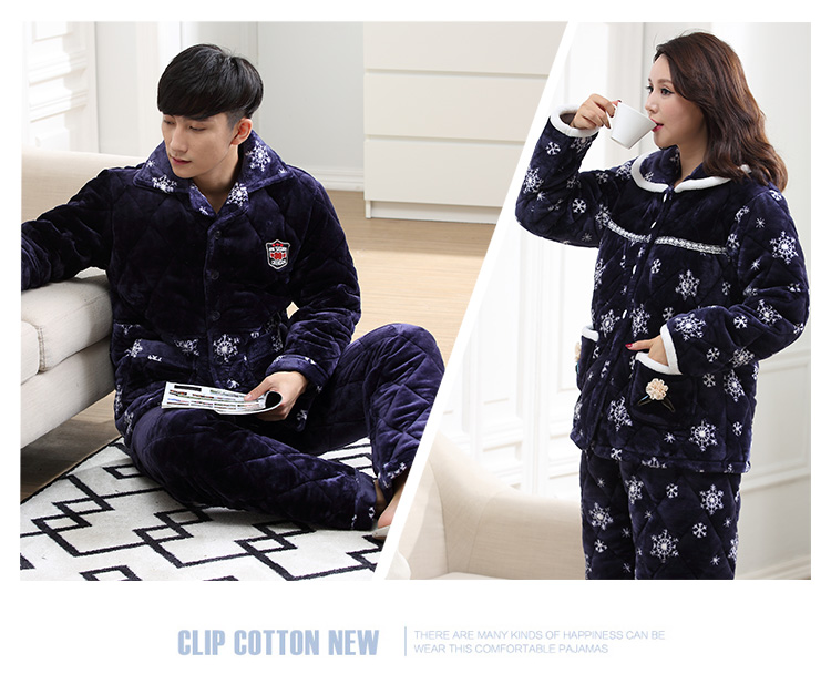 Bộ đồ ngủ dày ba lớp dày đôi phù hợp với nam và nữ cộng với quần áo cotton ấm áp tại nhà quần nhung dài tay áo ngủ cotton đồ bộ pijama