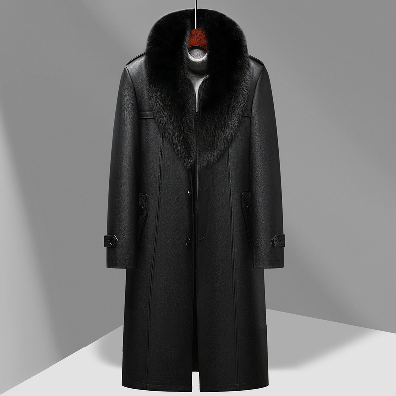 Woodpecker Brand First-Layer Calfskin Long Leather Coat, Plus-Size for Middle-Aged Men, with Fox Fur Collar, Autumn and Winter Calfskin Trench Coat