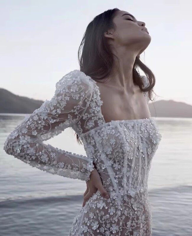 2023 New French-Style Fishtail Light Wedding Dress for Brides, Niche Fishtail Long-Sleeve Lace Sexy Slim-Fit Dress for Women