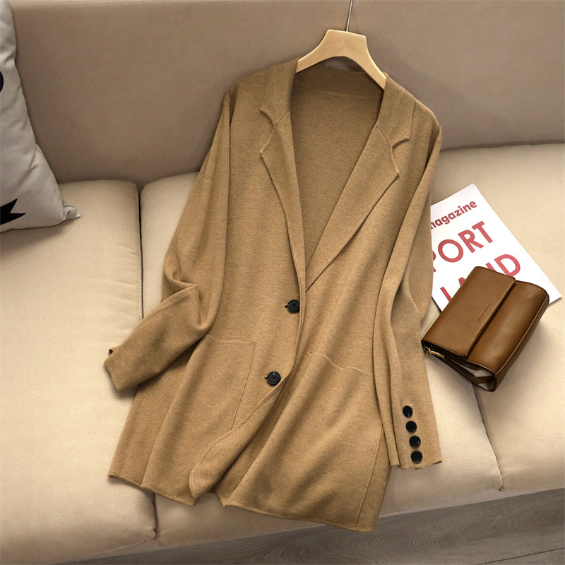 Silk-Cotton-Cashmere Suit Collar Cardigan Knitwear for Women, Simple Commuter Top, Casual Mid-Length Outerwear