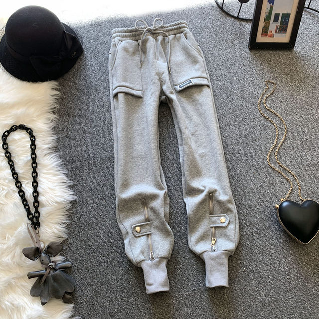 Gray velvet sweatpants women's loose bundled feet Harem casual pants spring 2023 new autumn and winter small pants