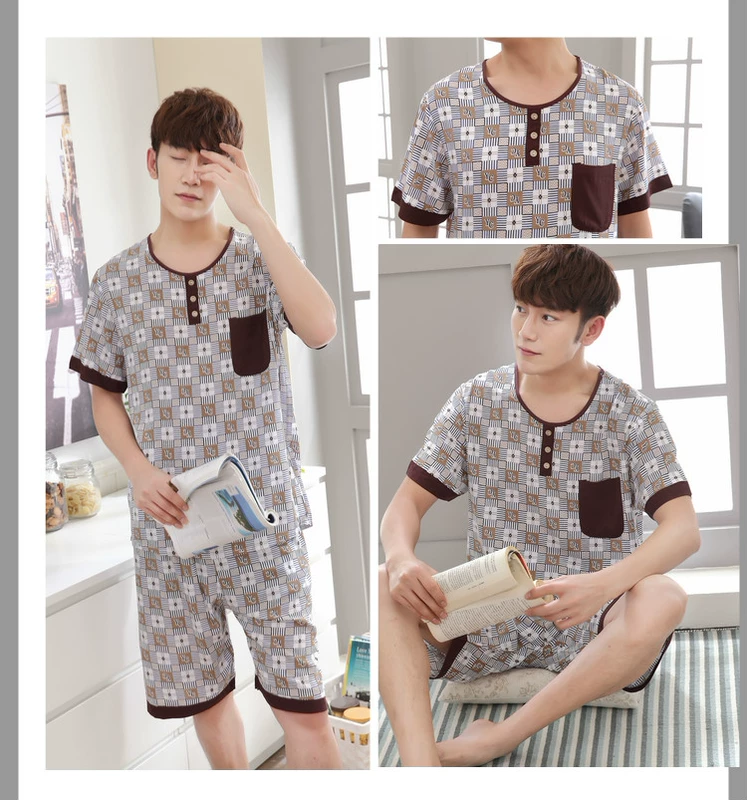 Mùa hè nam cotton lụa đồ ngủ mỏng ngắn tay mùa hè cotton silk đồ ngủ set nam nhân tạo cotton home dịch vụ kích thước lớn