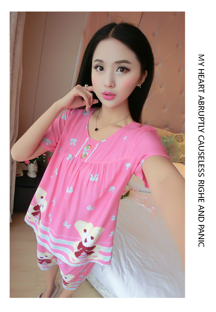 Mùa hè cotton ngắn tay kích thước lớn cotton lụa đồ ngủ cotton lụa ladies phù hợp với dễ thương giản dị nhân tạo cotton dịch vụ nhà