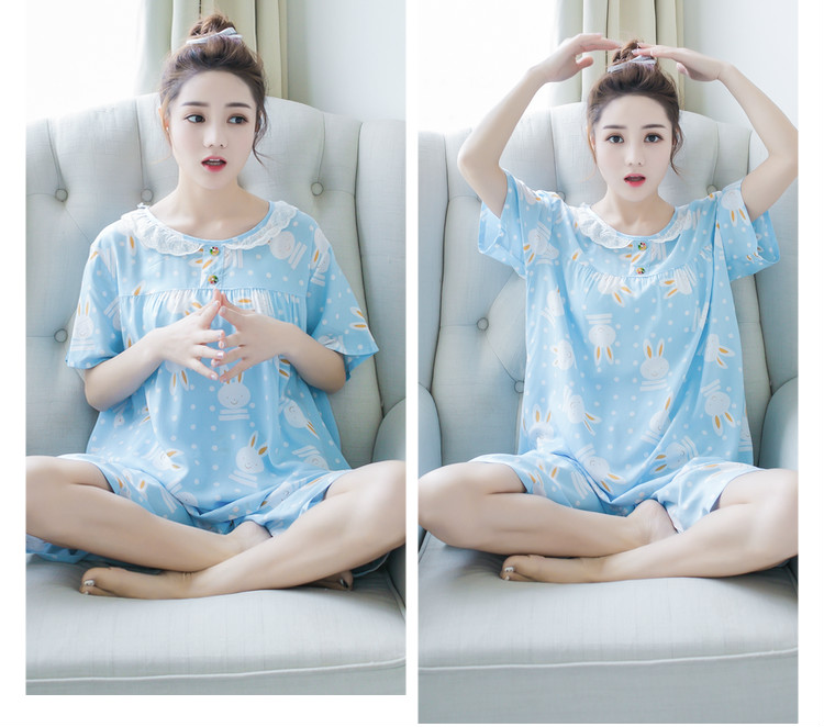 Mùa hè cotton ngắn tay kích thước lớn cotton lụa đồ ngủ cotton lụa ladies phù hợp với dễ thương giản dị nhân tạo cotton dịch vụ nhà