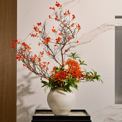 Orange-Red Leaf Chrysanthemum Dried Branches, Artificial Fake Floral Art, High-End Realistic Decorative Ornaments, Desktop Decorations, Retro Ceramic Vases