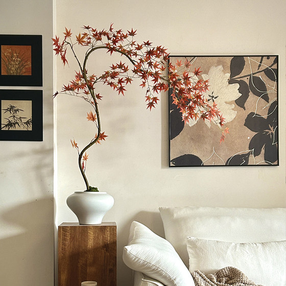 Red Flowing Water Maple Artificial Green Plant High-End Light Luxury New Chinese Style Zen Tea Room Decoration Entrance Small Fake Flower Potted Plant