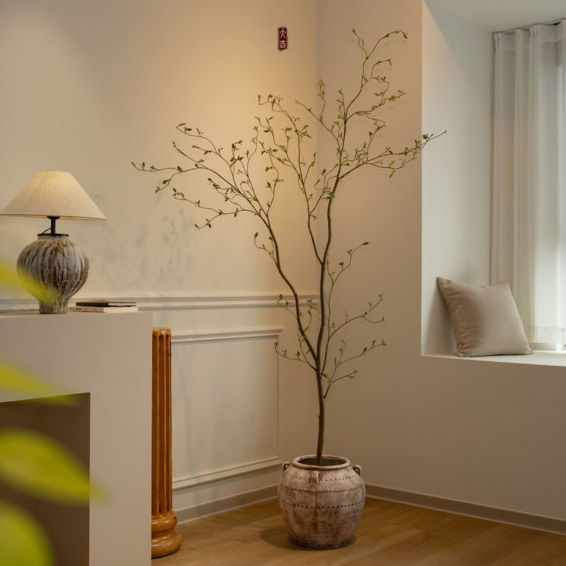 Artificial Green Plant with New Buds, Bonsai for Living Room Next to Sofa, New Chinese Style Wabi-Sabi High-End Landscape Atmosphere