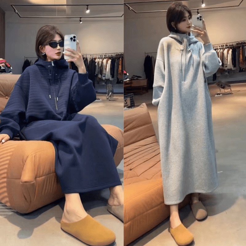 European Style Lazy Dress for Women 2025 Spring and Autumn New Hooded Half-Open Collar Dress Straight Over-The-Knee Casual Sweatshirt Dress Trendy