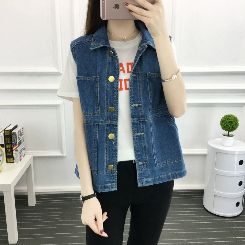 Mùa xuân 2020 mới denim lỏng kích thước lớn MM vest vest béo Hàn Quốc áo khoác nhỏ cho học sinh - Áo vest